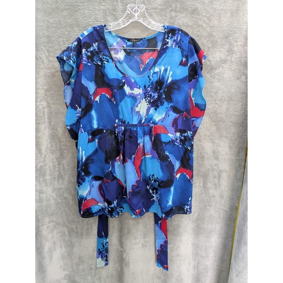 Womens Blouse XL Blue‎ Floral Tie Back Flutter Sleeve Business Casual - Picture 1 of 5
